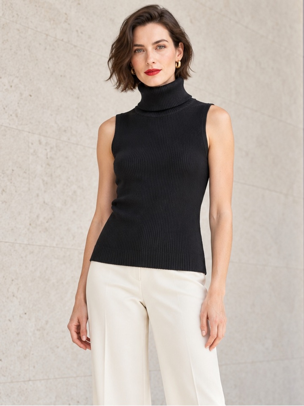 Black Silk Blend Ribbed Sleeveless Turtleneck M 90s Minimalist Grace Elements